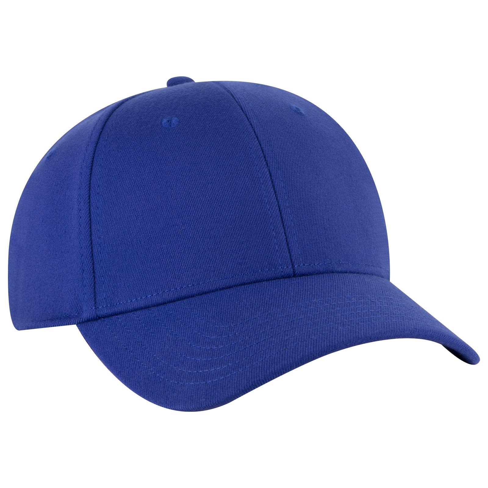 A blue 6 panel low profile baseball cap with a curved peak and a simple branding logo. 6 Panel Low Profile Baseball Cap - Image 1