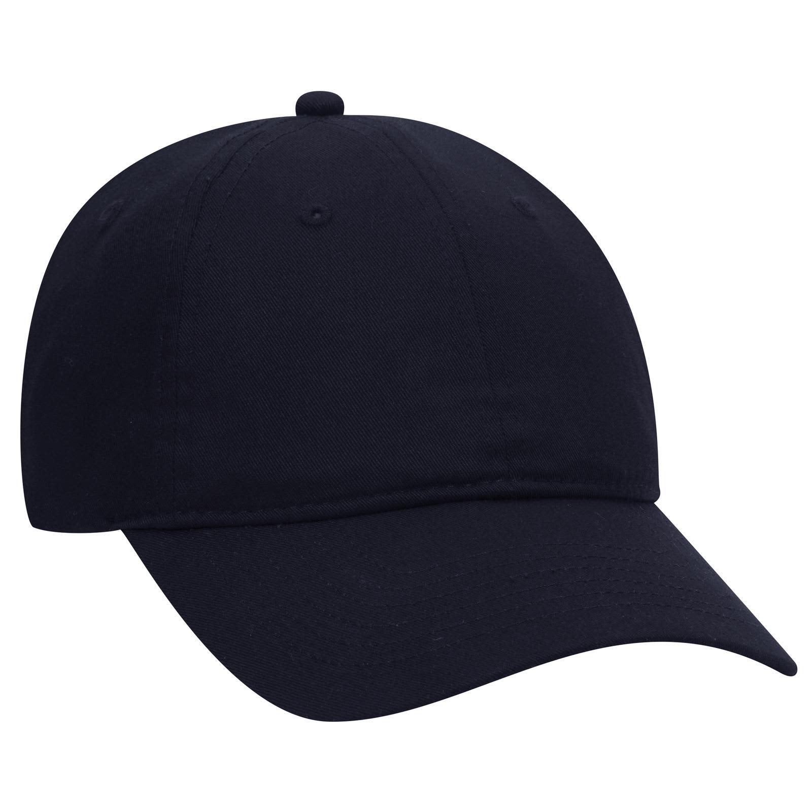A navy blue 6 panel low profile baseball cap with a rounded crown and a logo on the front. 6 Panel Low Profile Baseball Cap - Image 1