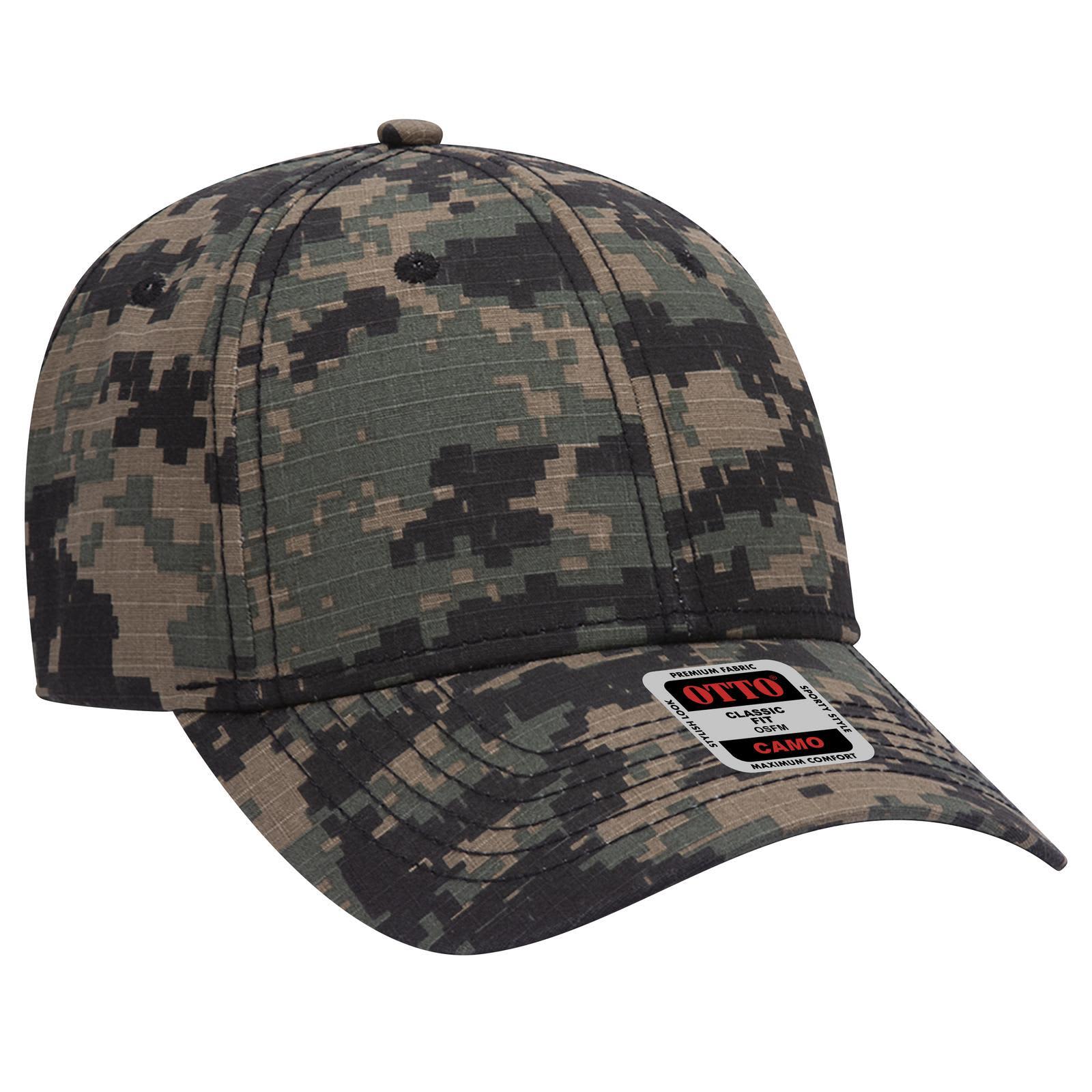 A digital camouflage six-panel low profile baseball cap in shades of green and grey, featuring a logo on the front. Digital Camo 6 Panel Low Profile Baseball Cap - Image 1