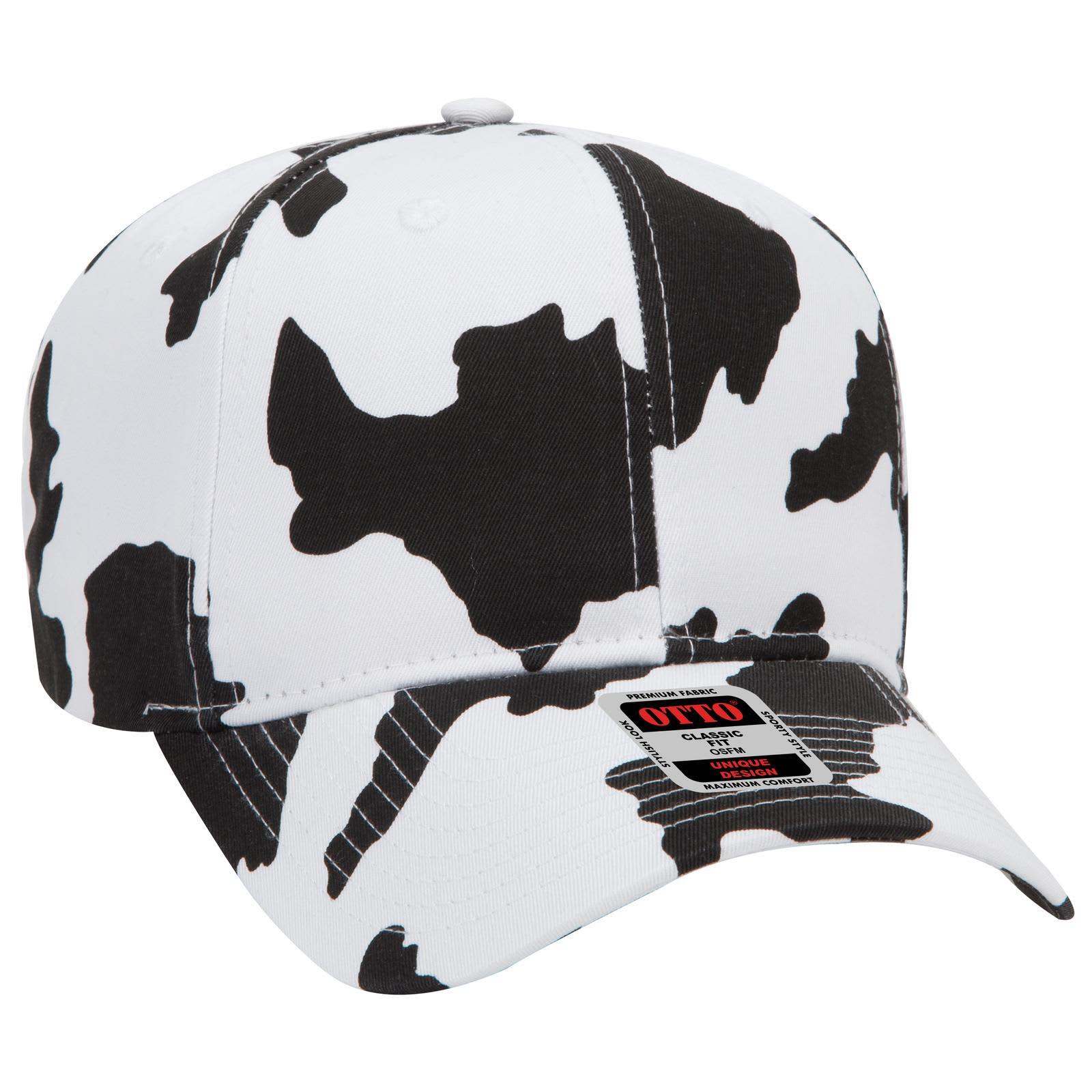 A black and white cow print 6-panel mid-profile baseball cap with a logo on the front. 6 Panel Mid Profile Baseball Cap - Image 1