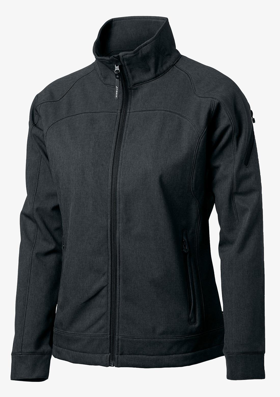 A black soft shell jacket with a high collar and zip closure, featuring side pockets and a logo. Duxbury Women Jacket - Image 1