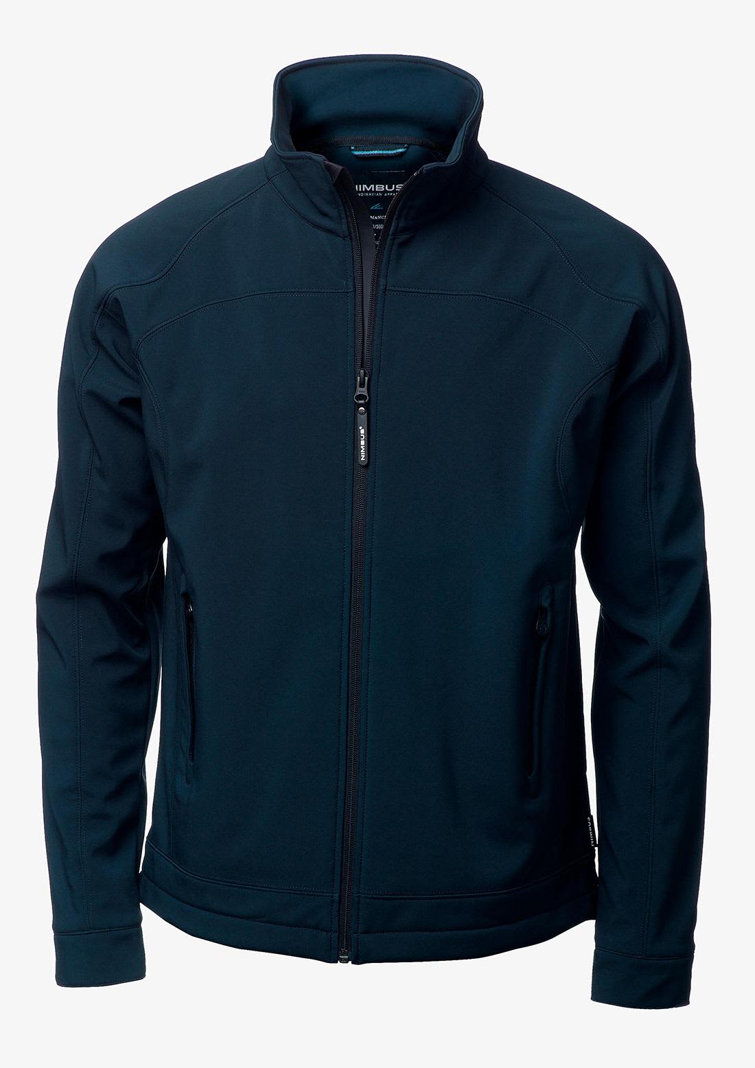 A navy soft shell jacket with a high collar and zipped pockets, featuring a logo on the chest. Duxbury Men Jacket - Image 1