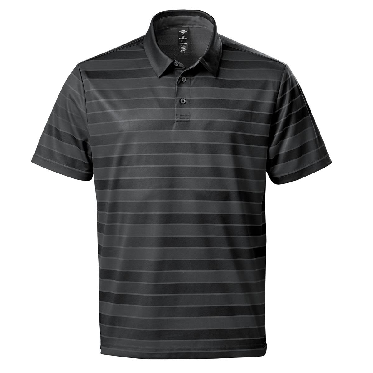 A dark grey polo shirt with horizontal stripes and a collar. It features a logo on the chest. Men's Sienna Polo - Image 1