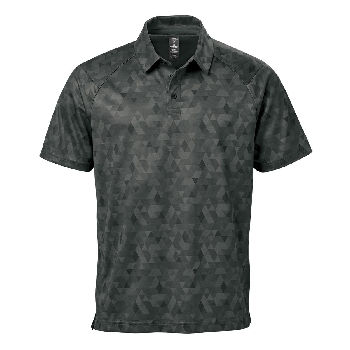 A men's polo shirt in a dark green geometric pattern with a collar and short sleeves, featuring a logo. Men's Galapagos Polo - Image 1