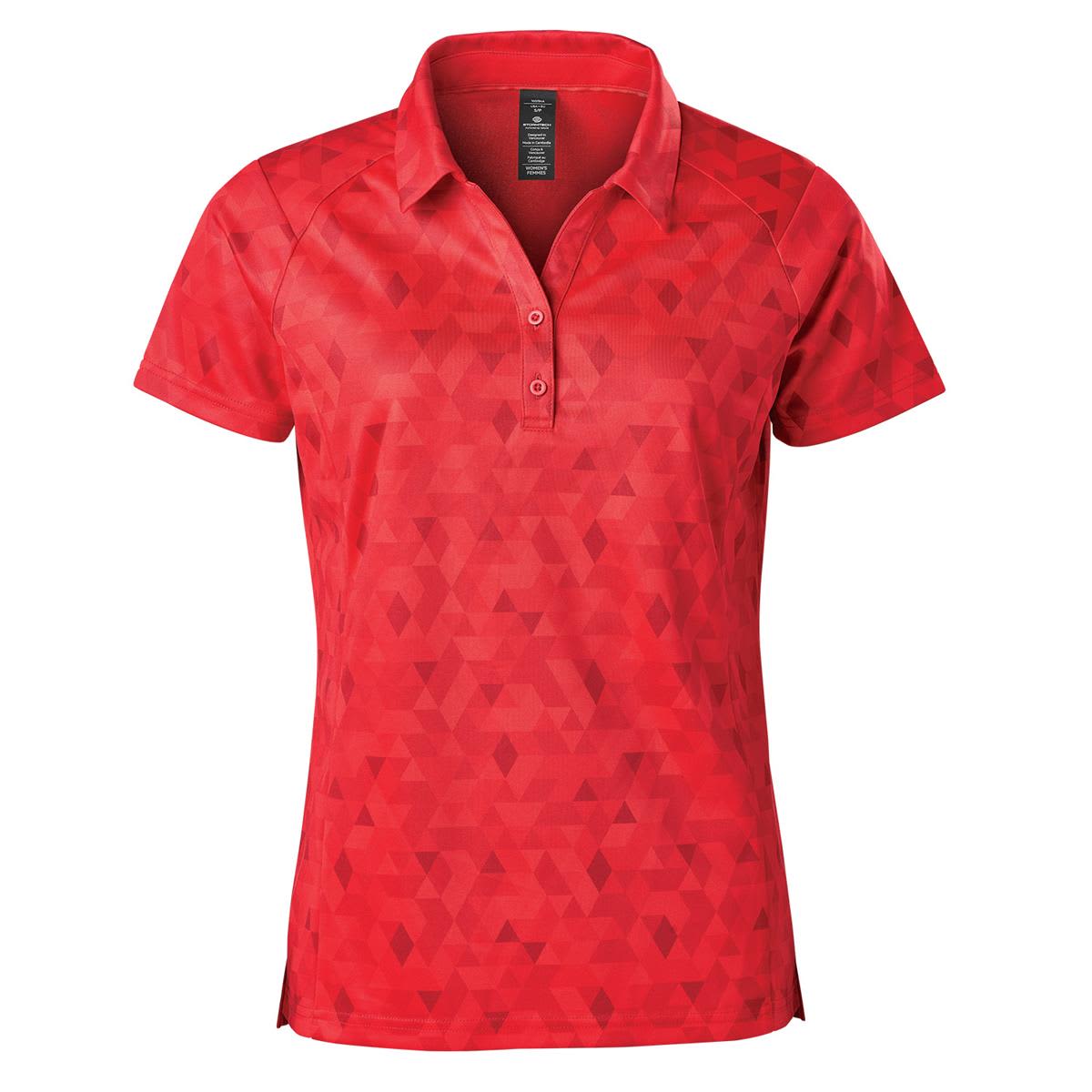 A red Women's Galapagos Polo featuring a geometric pattern and a collar. It has a logo on the design. Women's Galapagos Polo - Image 1