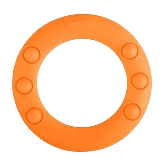 An orange flying disc with raised grips around the edge. It features a logo in the centre. Flying Disc with Pop - Image 1