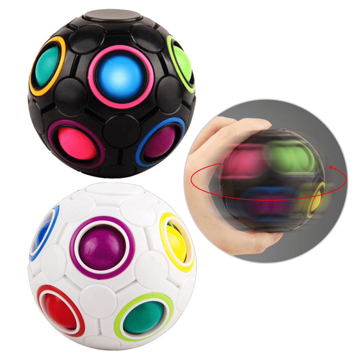 A black and white rotating fidget toy with colourful buttons in pink, blue, green, and purple. Features a logo. Rotating Magic Rainbow Fidget Toy - Image 1