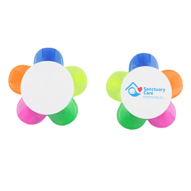 A flower-shaped highlighter pen featuring multiple vibrant colours: orange, green, blue, and pink, with a branding logo. Flower Shape Highlighter Pen - Image 1