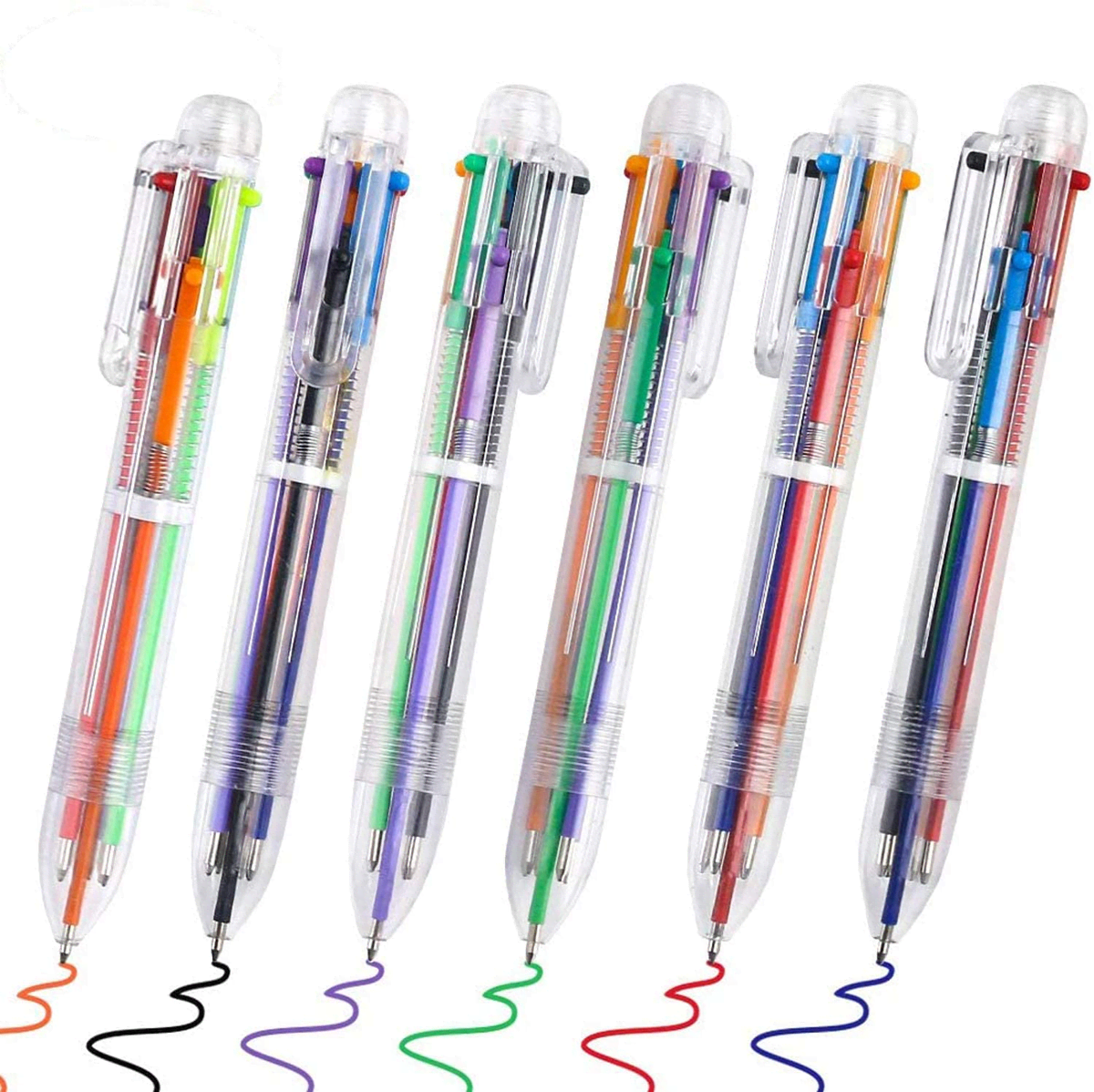 A multicolour pen featuring six different ink colours in a transparent plastic casing with a clip and branding. Multicolor Pen - Image 1