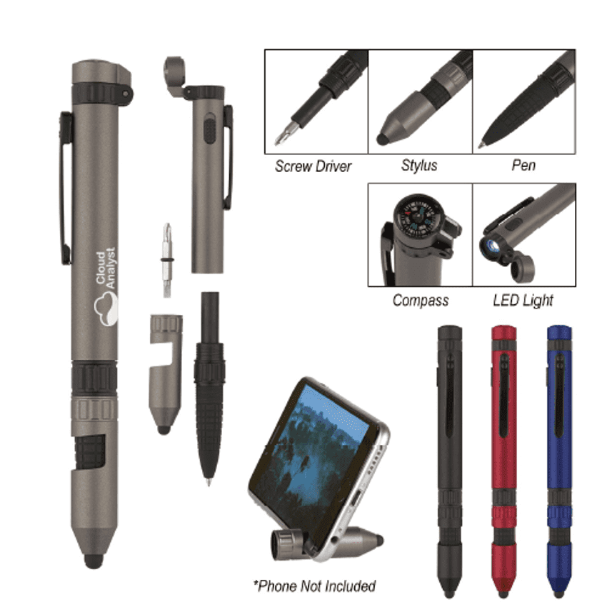 A 6-in-1 tool pen in grey with additional components displayed, including a compass and LED light, alongside red and blue options. 6-in-1 Tool Pen - Image 1