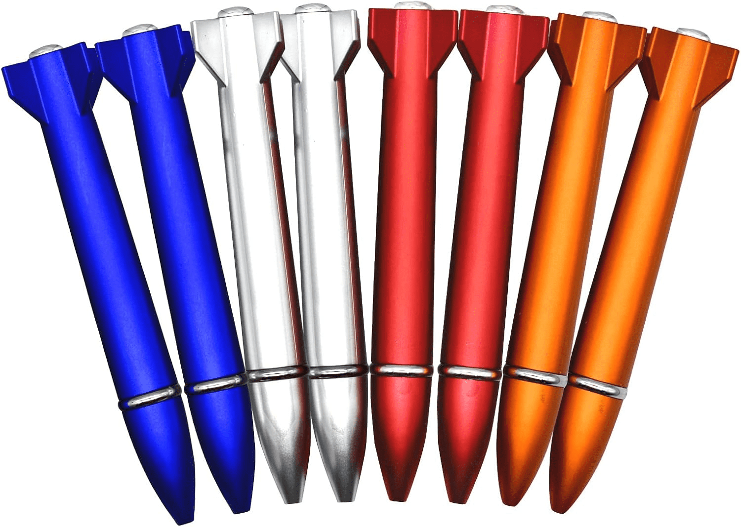 A set of mini rocket-shaped pens in blue, silver, red, and orange, featuring a logo on each pen. Mini Rocket Pen - Image 1