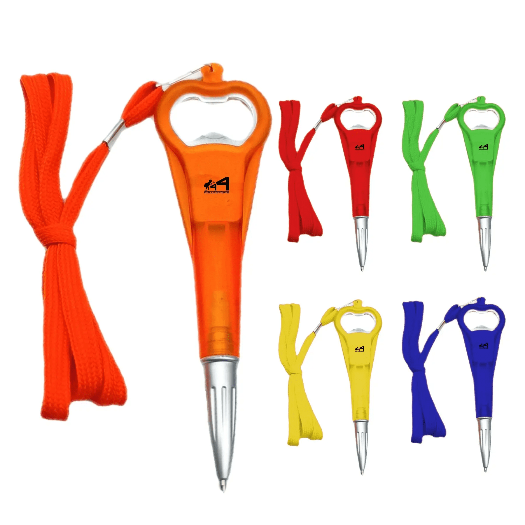 A drink bottle opener ballpoint pen in orange, green, yellow, blue, and red, with attached strings and a logo. Bottle Opener Ballpoint Pen - Image 1