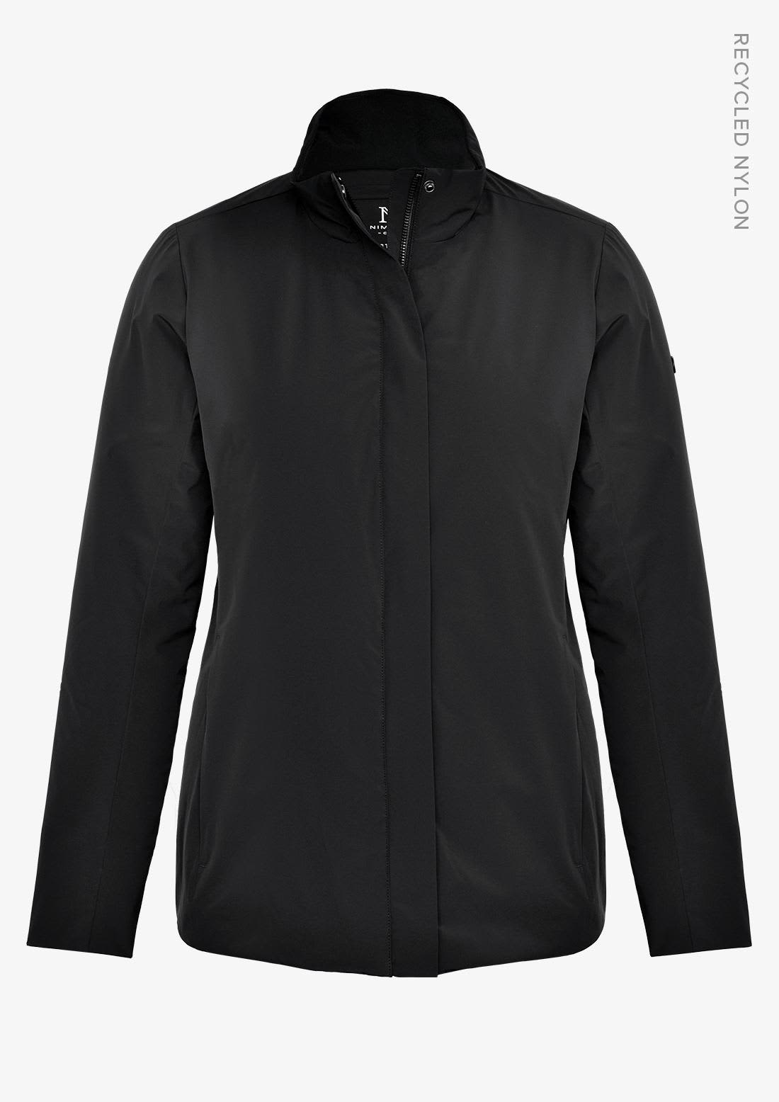 A women's jacket in black made from recycled nylon, featuring a high collar and a simple design. Eastlake Women Jacket - Image 1