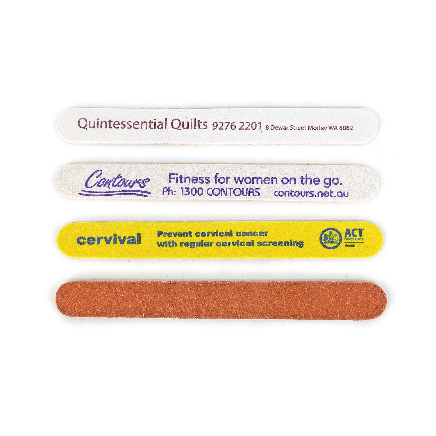 A set of emery boards in various hues, including white, yellow, and brown, featuring branding on some boards. Emery Board (Standard) - Image 1
