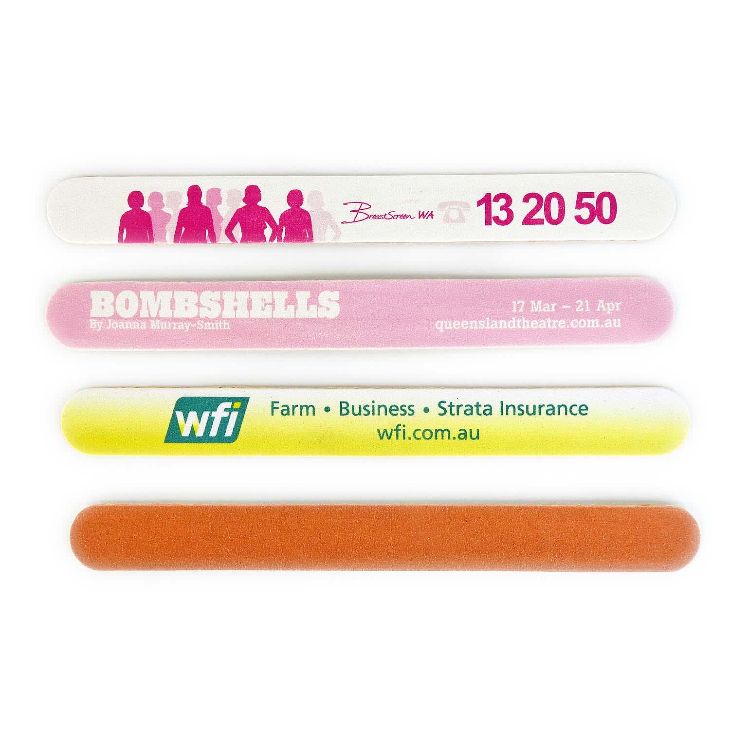 A set of four large emery boards in pink, white, and orange, featuring various printed designs and logos. Emery Board (Large) - Image 1