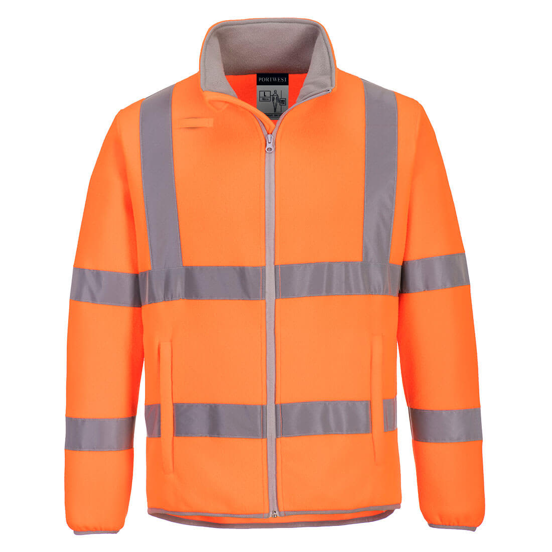 An orange fleece jacket featuring grey reflective stripes, designed for high visibility and safety. It has a logo on the front. Eco Hi-Vis Polar Fleece Jacket - Image 1