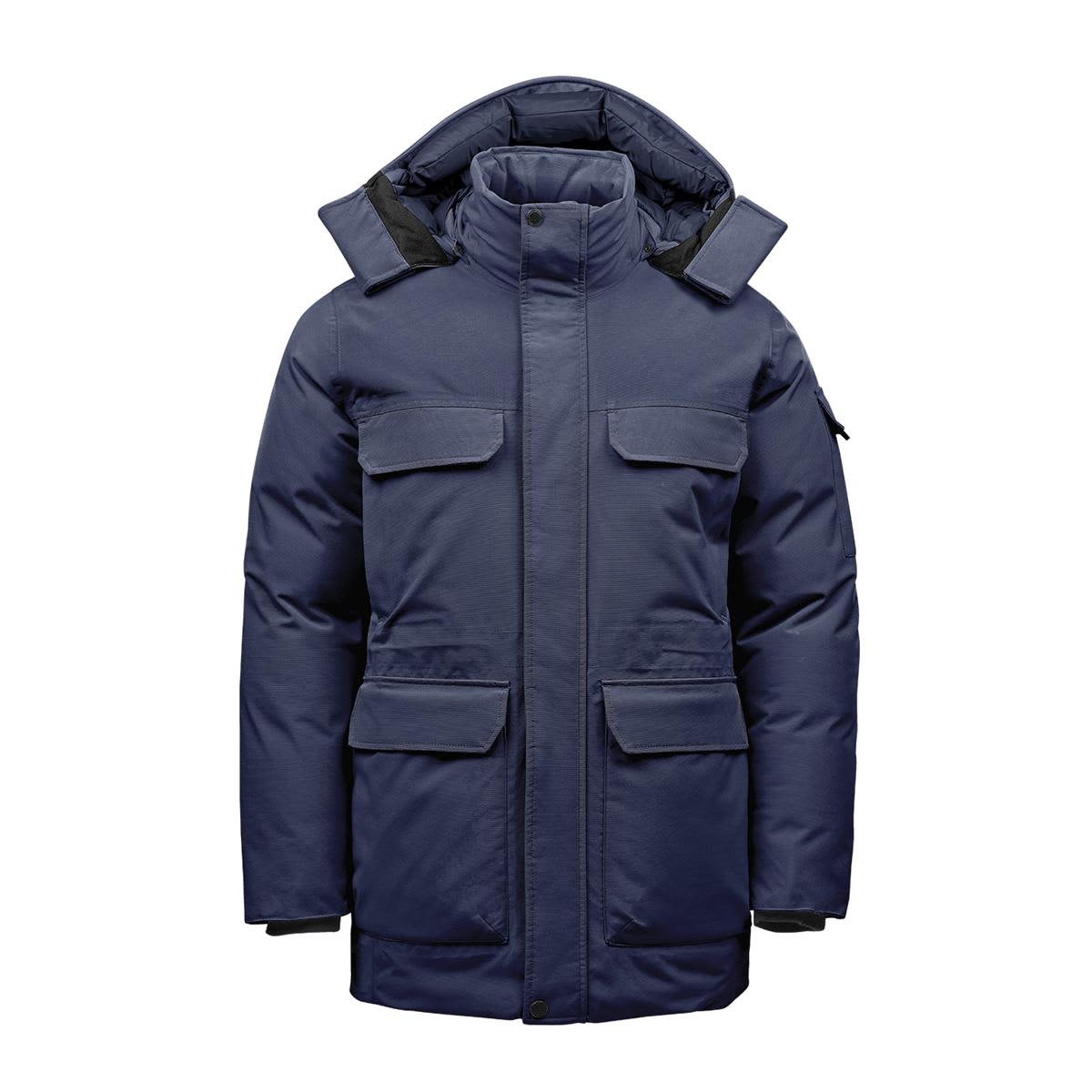 A navy blue Men's Denali Parka featuring multiple pockets and a hood, complete with a logo on the sleeve. Men's Denali Parka - Image 1