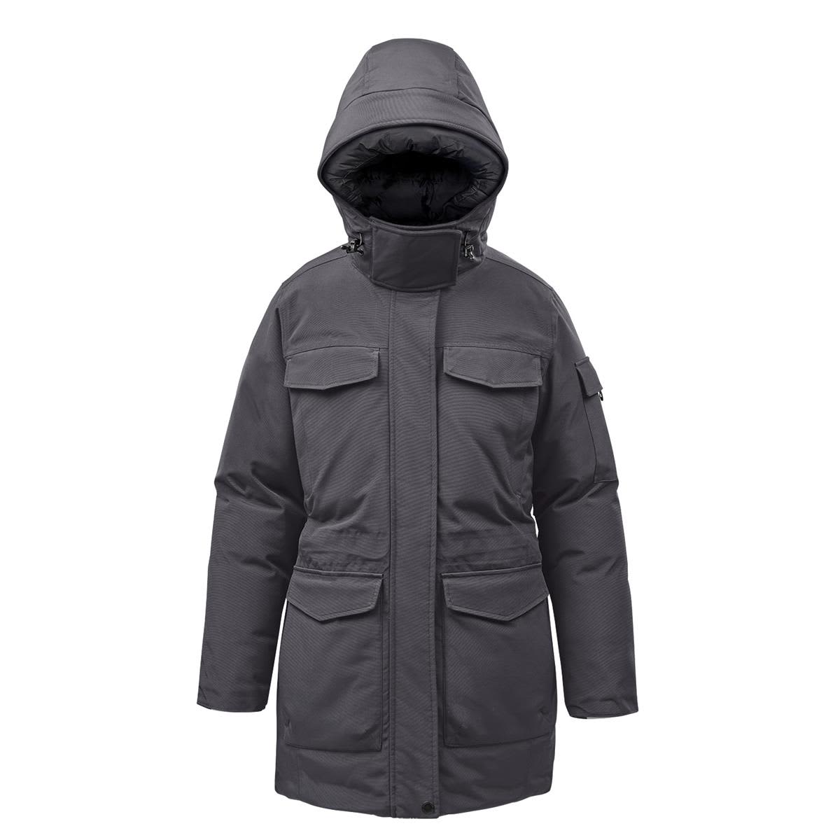 A women's puffer jacket in dark grey with a hood, featuring multiple front pockets and a zip closure. Women's Denali Parka - Image 1