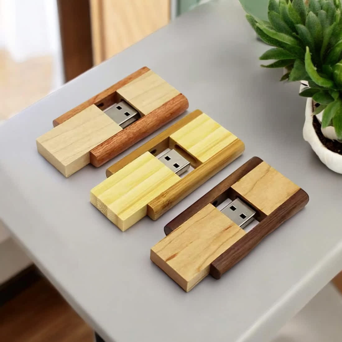 Three wooden USB flash drives in natural, light yellow, and dark brown colours, resting on a table alongside a potted plant. Executive Swing 32GB USB Flash Drive in Gift Box - Image 1