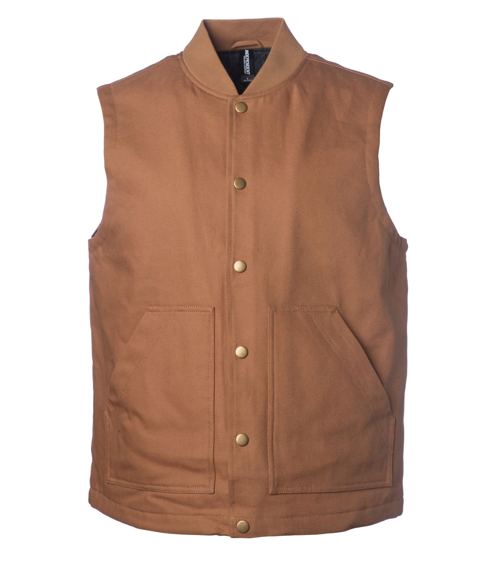 A brown Kodiak duck canvas work vest featuring a collared neck and front pockets, with a logo on the label. Kodiak Duck Canvas Work Vest - Image 1