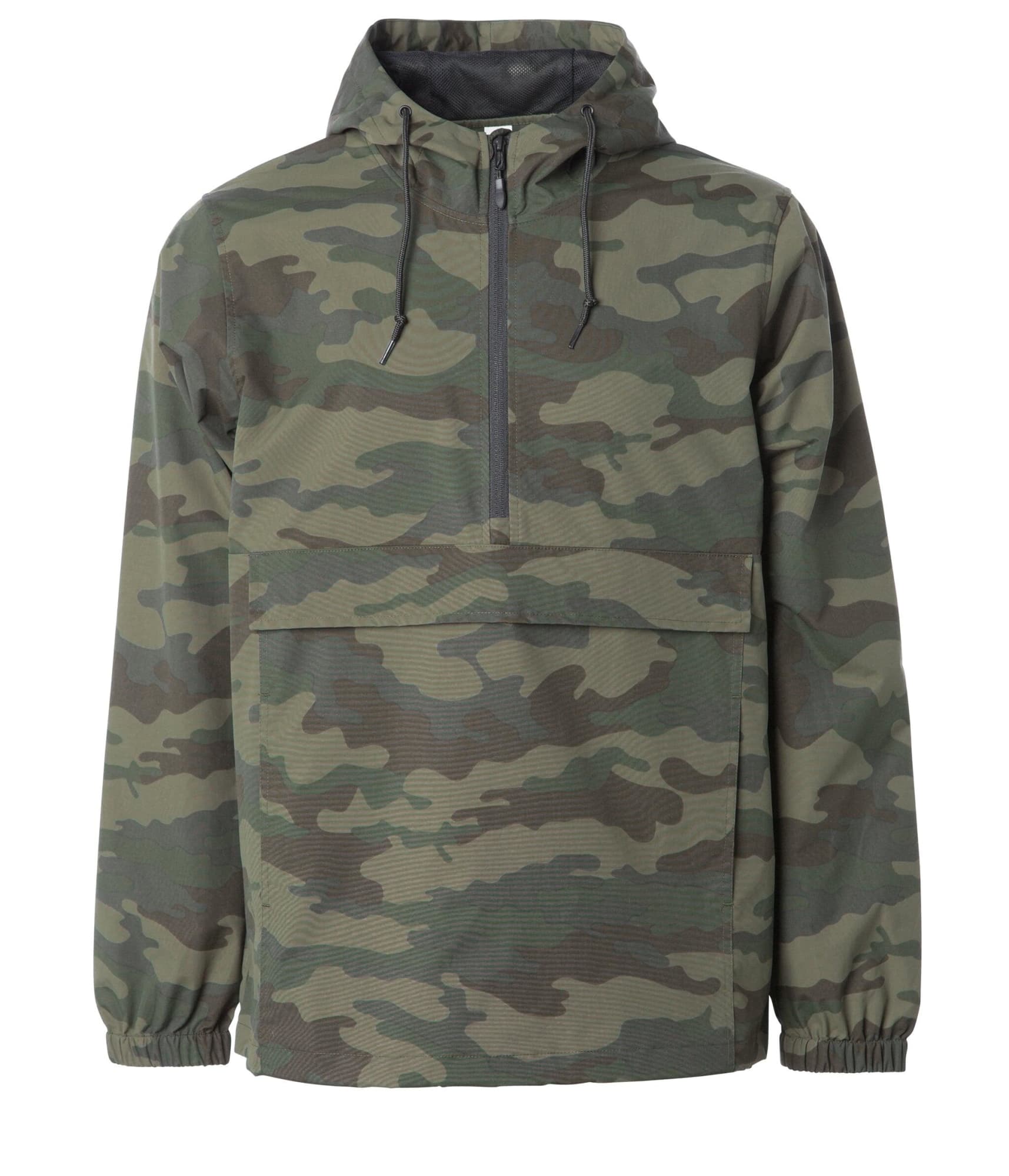 A men's nylon anorak windbreaker jacket in camouflage pattern featuring a hood and a front pouch pocket. Mens Nylon Anorak Windbreaker Jacket - Image 1
