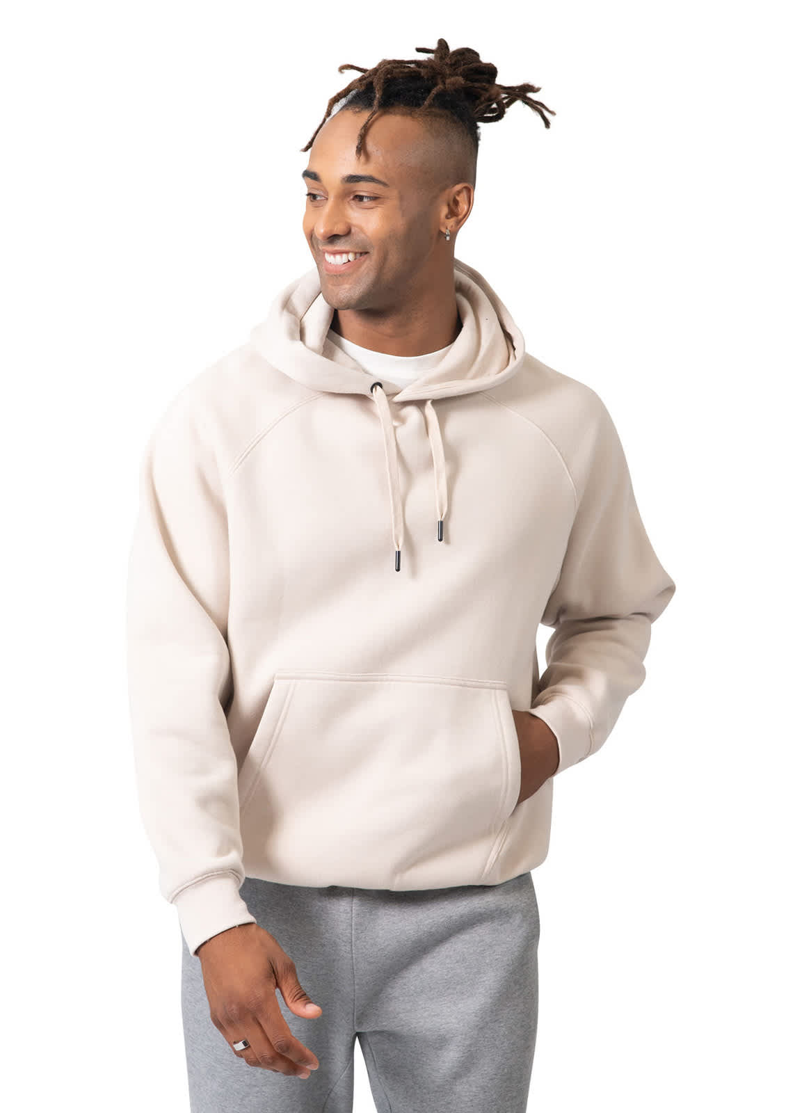 A men's cotton kangaroo hoodie in beige with a front pocket and a drawstring hood, featuring a subtle logo. Mens' Cotton Care Kangaroo Hoodie - Image 1