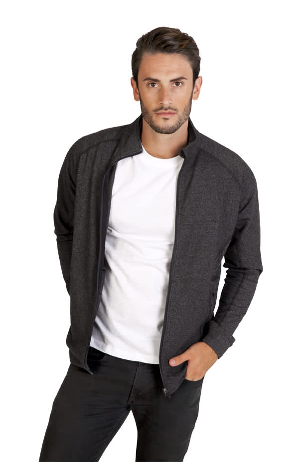 A men's heather jacket in dark grey, featuring a zip-up front and a fitted design. Includes a branding logo. Men's Greatness Heather Jacket - Image 1