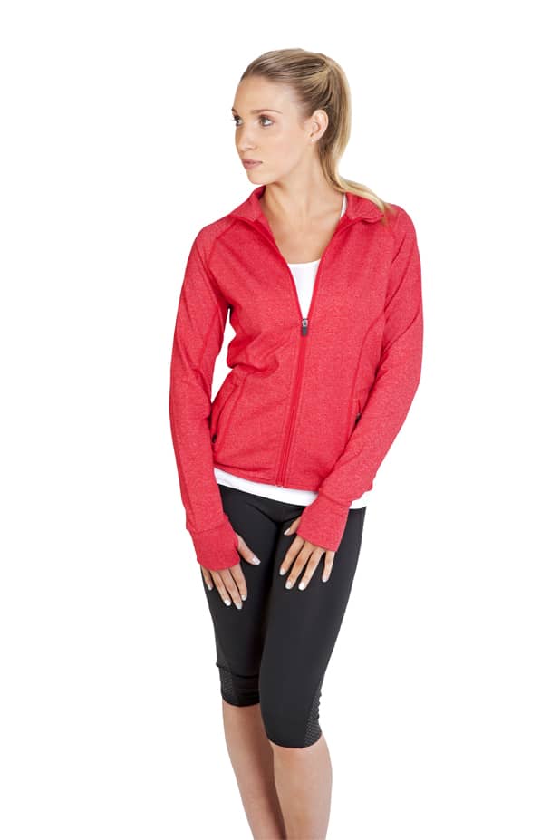 A red heather jacket with a zip front, long sleeves, and a fitted design, worn by a model. Womens Greatness Heather Jacket - Image 1