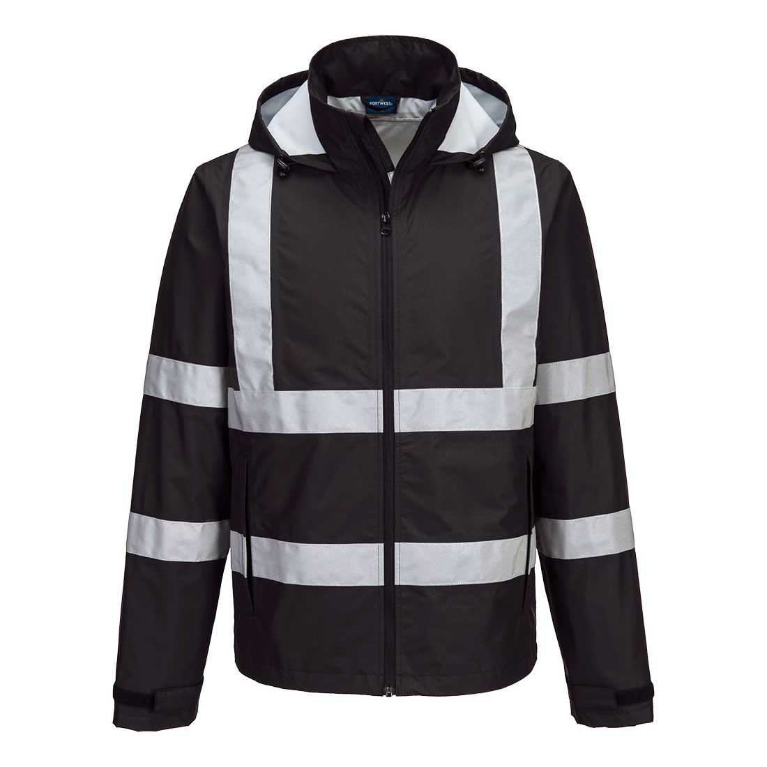 A black lightweight packable jacket with reflective stripes and a hood. It features a logo on the front. Iona Enhanced Lightweight Packable Jacket - Image 1