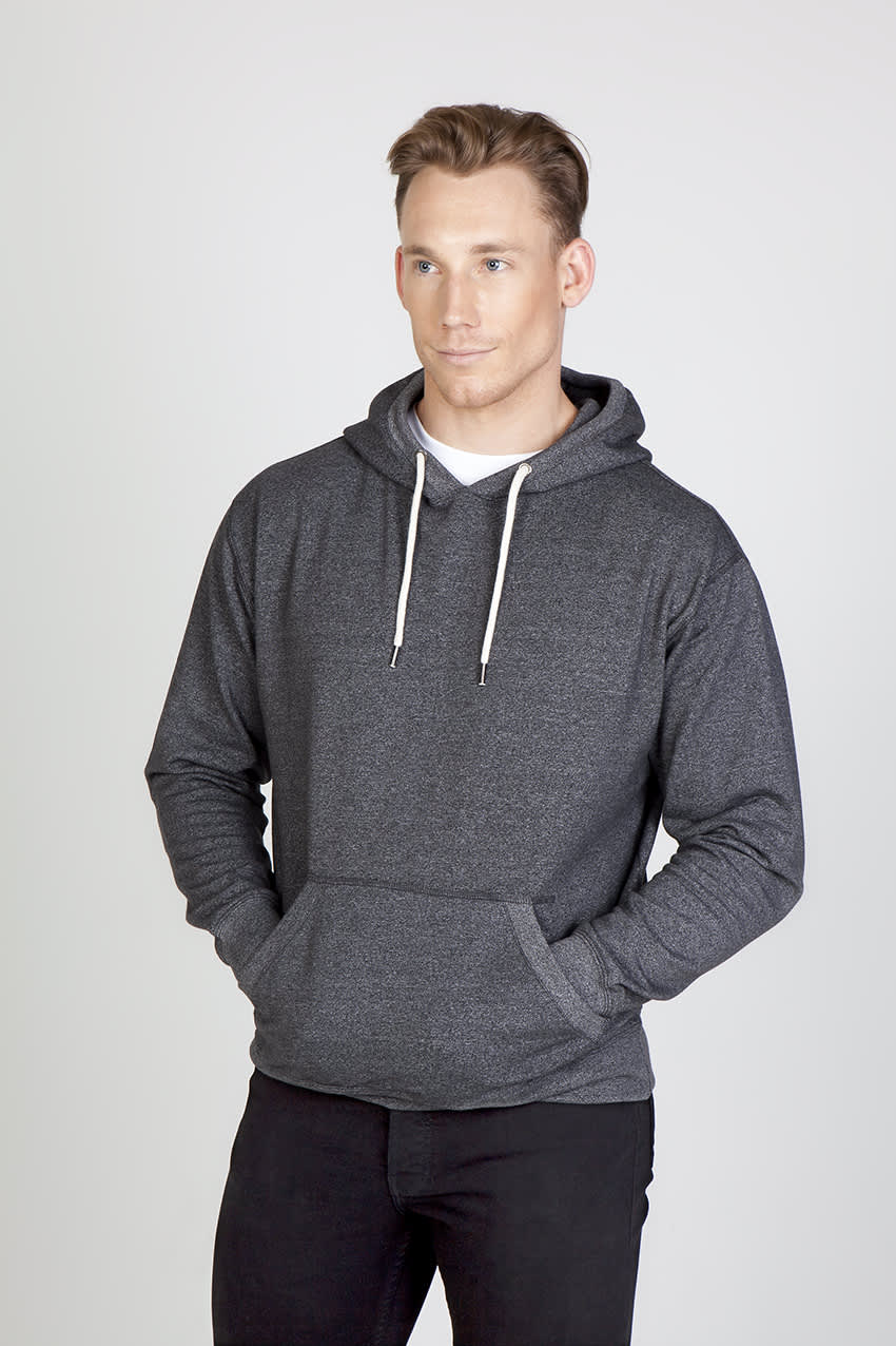 A grey hoodie with a front pocket and drawstring hood, featuring a logo on the chest. Mens Greatness Heather Hoodie - Image 1