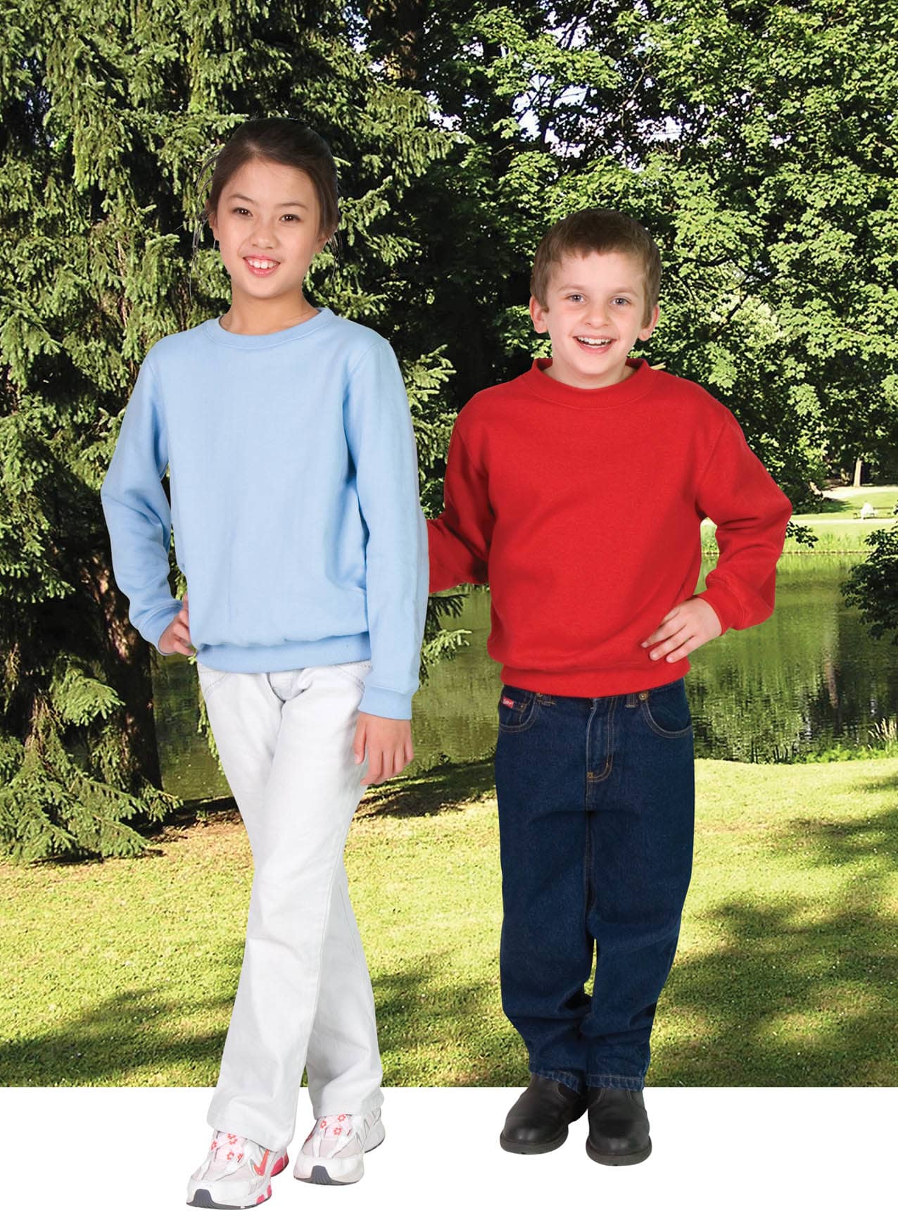 Two children stand outdoors, one wearing a light blue jumper and the other in a bright red jumper, both smiling. Kids Crew Neck Sloppy Joes - Image 1