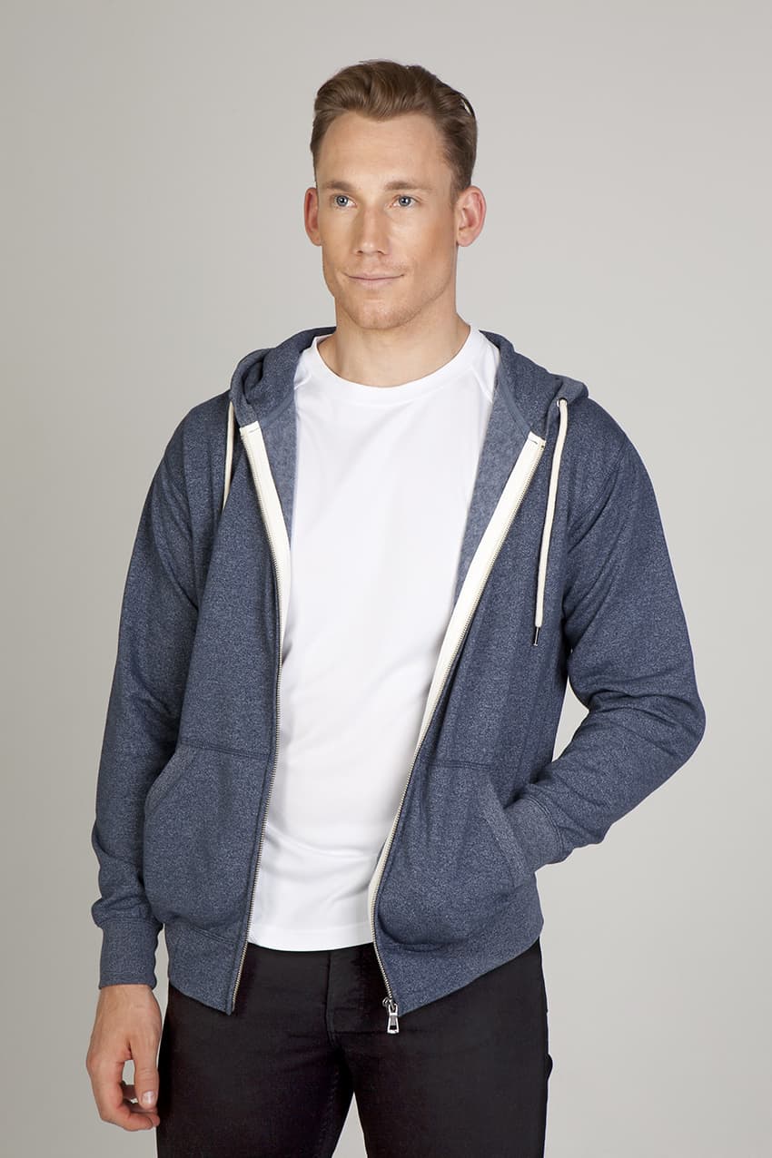 Men's heather zip hoodie in navy blue, featuring a front zip, drawstring hood, and a relaxed fit. Mens Greatness Heather Zip Hoodie - Image 1