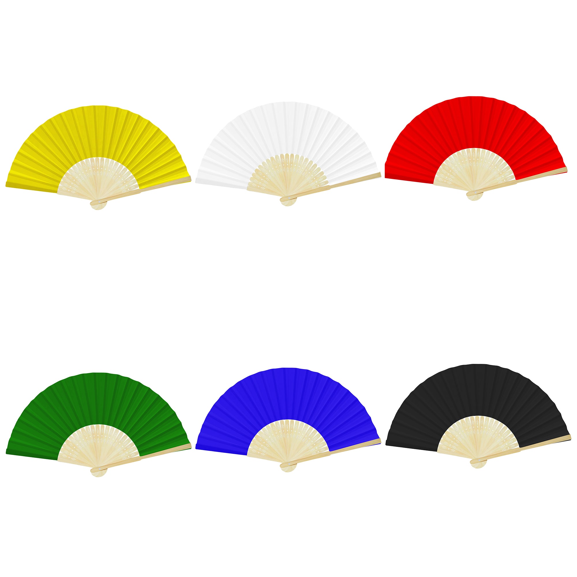A collection of foldable fans in yellow, white, red, blue, black, and purple, featuring bamboo handles. Foldable Fan - Image 1