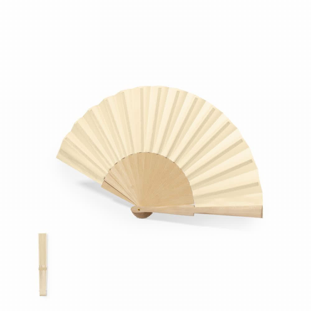 A wooden hand fan in a light cream colour, featuring a simple design and a wooden handle. A matching wooden frame is included. Wood Hand Fan - Image 1
