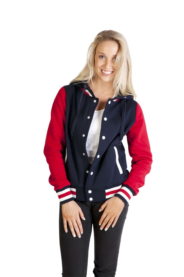 A women's varsity jacket with a navy body and red sleeves, featuring a hood and contrasting striped cuffs. Womens Varsity Jacket & Hood - Image 1