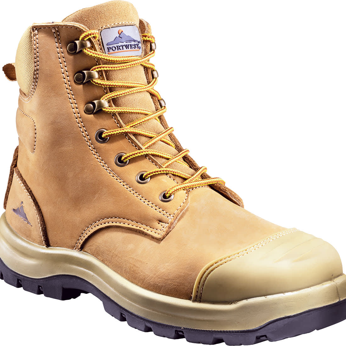 A tan safety boot with yellow laces and a protective toe cap, featuring branding on the side. Bunbury Safety Boot - Image 1