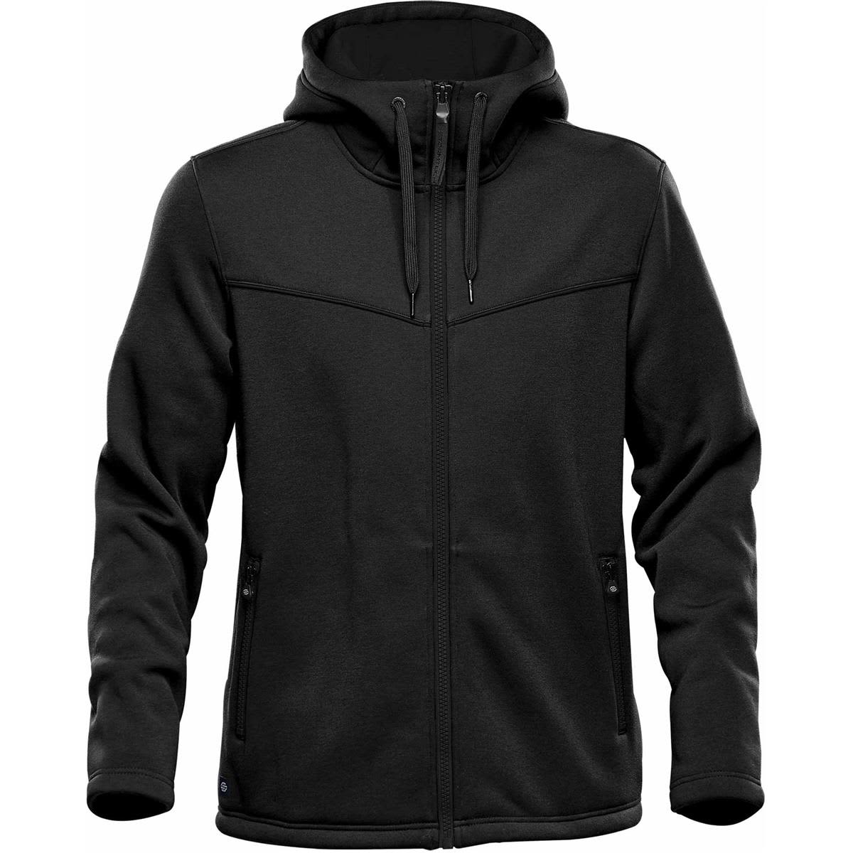 A black men's hoodie with a zip front, hood, and side pockets. It features a branding logo. Men's Logan Performance Hoody - Image 1