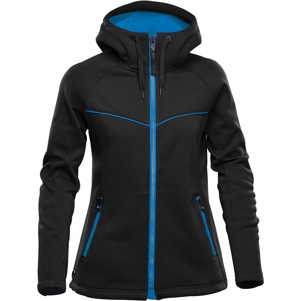 A women's black hoody featuring a blue inner lining, zippered pockets, and a fitted design. It includes a logo. Women's Logan Performance Hoody - Image 1