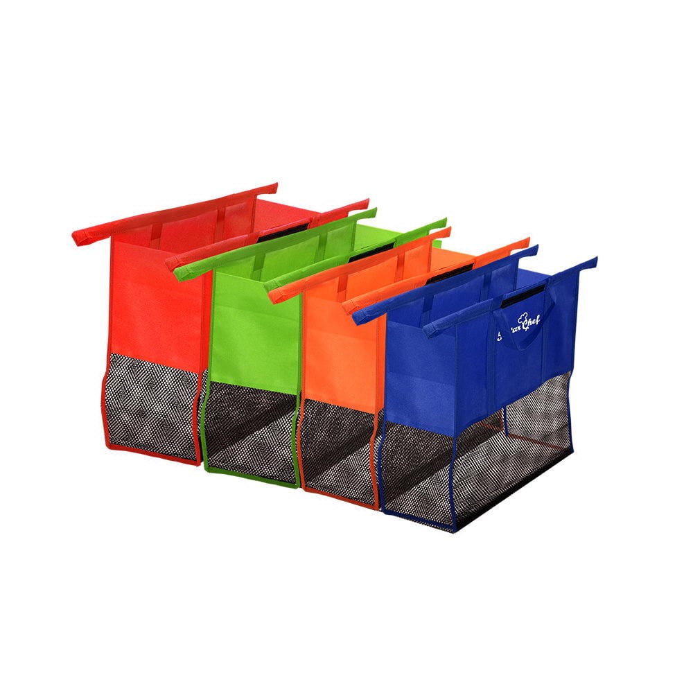 Four reusable grocery bags in red, orange, green, and blue, featuring mesh bottoms and handles, with a logo on one bag. Shopping Trolley Bags - Image 1