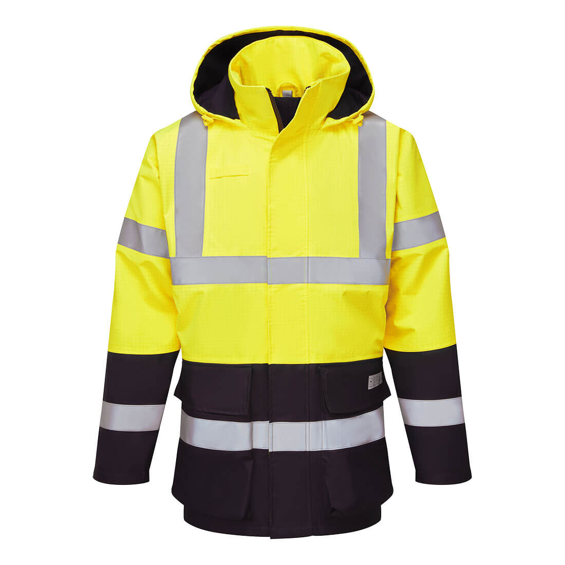 A high-visibility jacket featuring bright yellow and black fabric with reflective strips and a hood. Bizflame Rain FR Hi-Vis ARC Jacket - Image 1