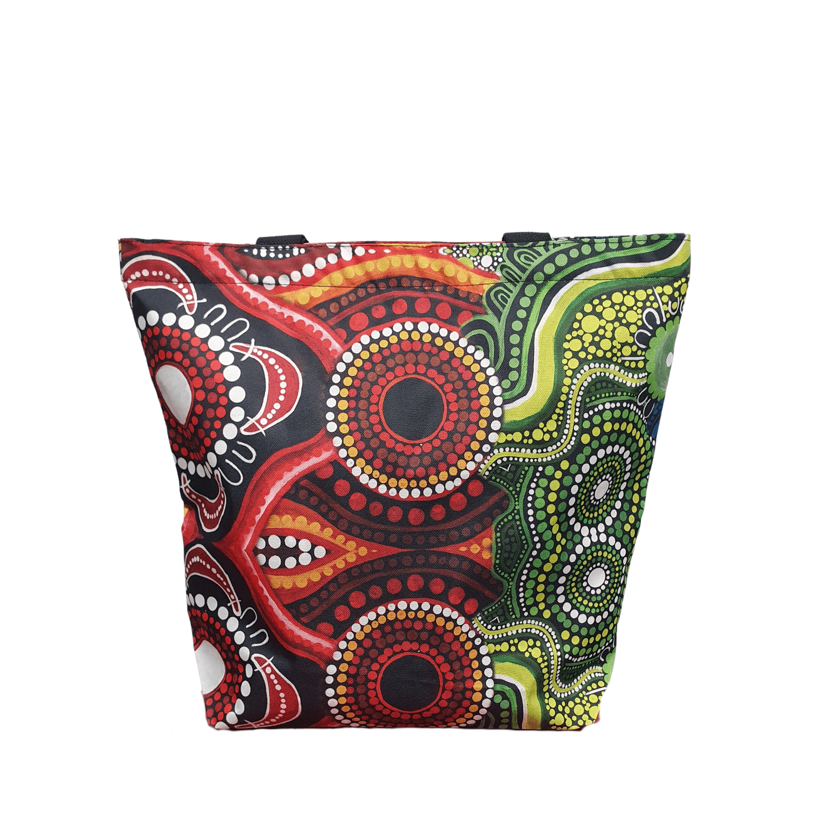 A tote bag in vibrant red, green, and black patterns featuring circular designs and an abstract motif. It has a logo. Freycinet RPET Sublimated Zip Closure Tote Bag - Image 1