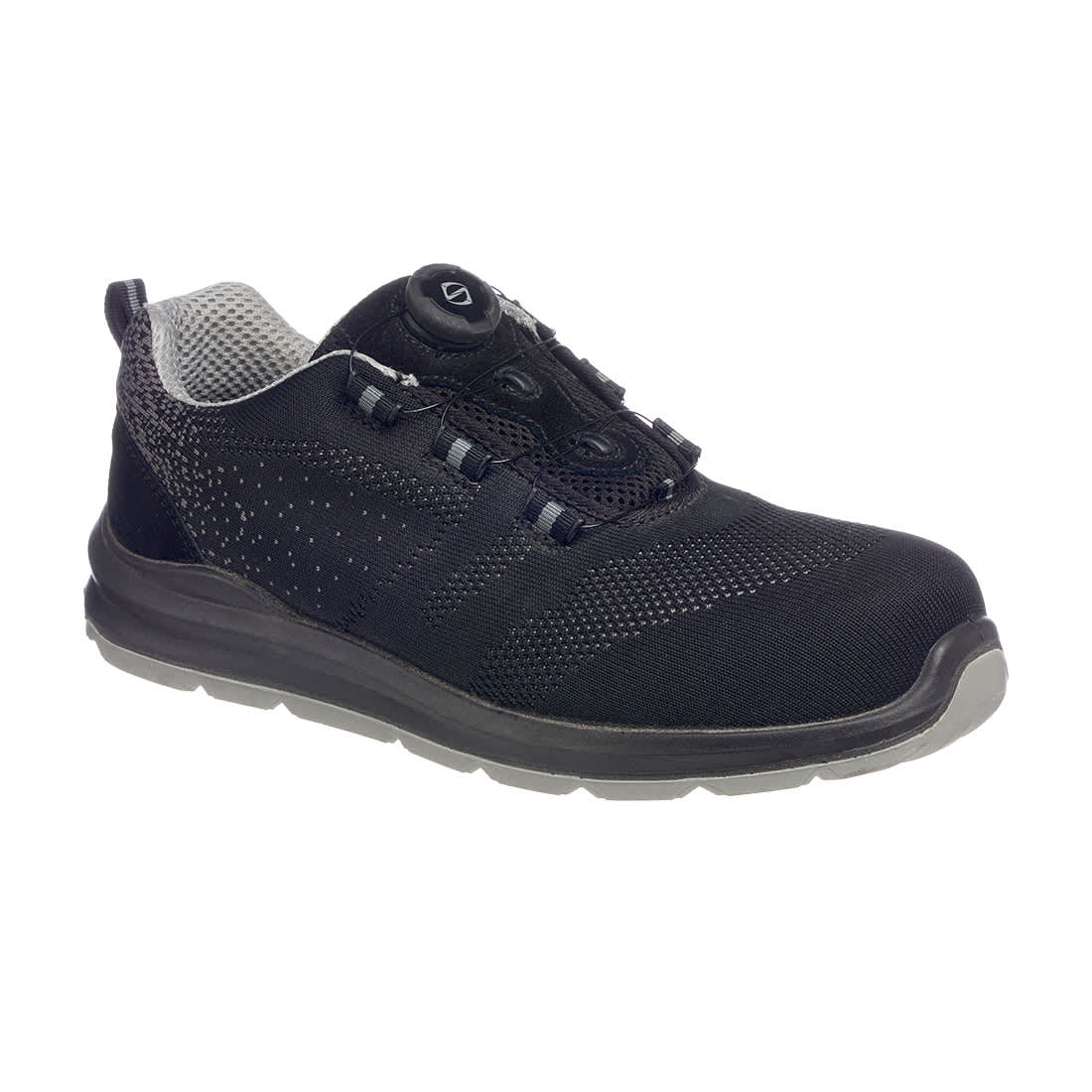 A black Wire Lace Safety Trainer S1P with a textured upper and a grey sole, featuring a branded logo. Wire Lace Safety Trainer S1P - Image 1