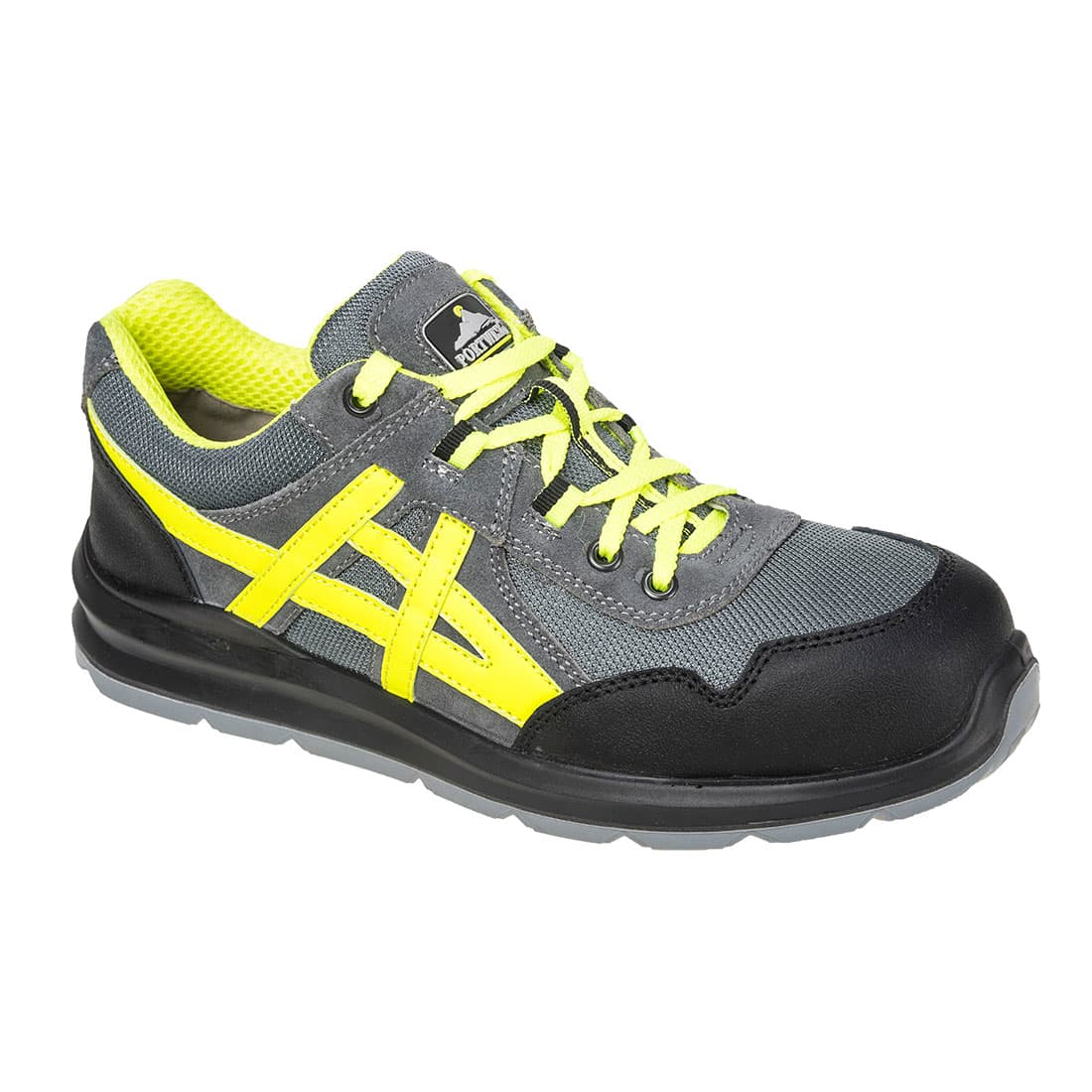 A grey and black trainer with yellow accents, featuring laces and a sturdy, protective toe cap. The shoe has a logo. Mersey Trainer S1 - Image 1