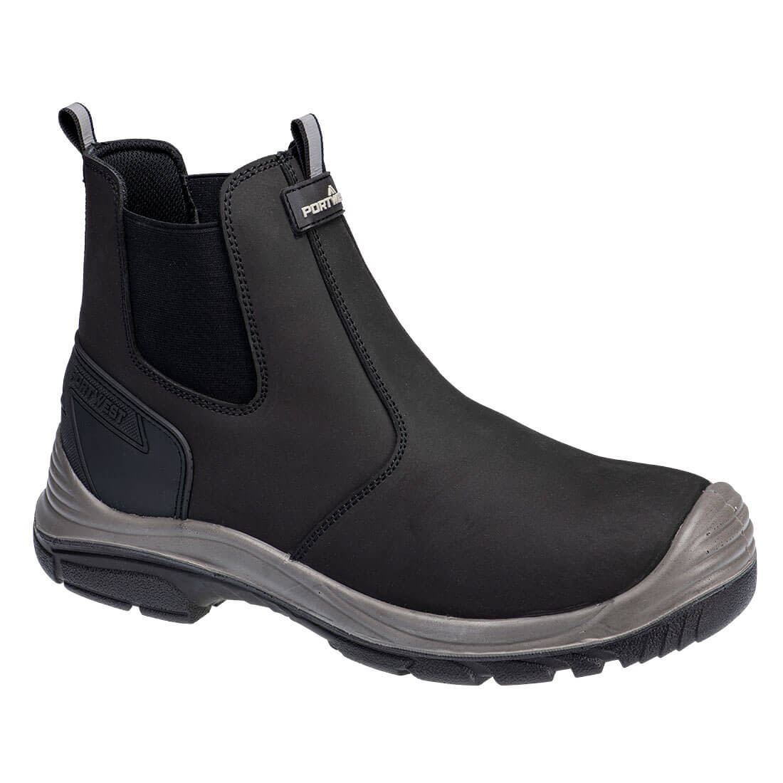 A black nubuck dealer boot with elastic sides and a rubber sole, featuring a logo on the side. Steel Action Nubuck Dealer Boot S7 SC FO SR - Image 1