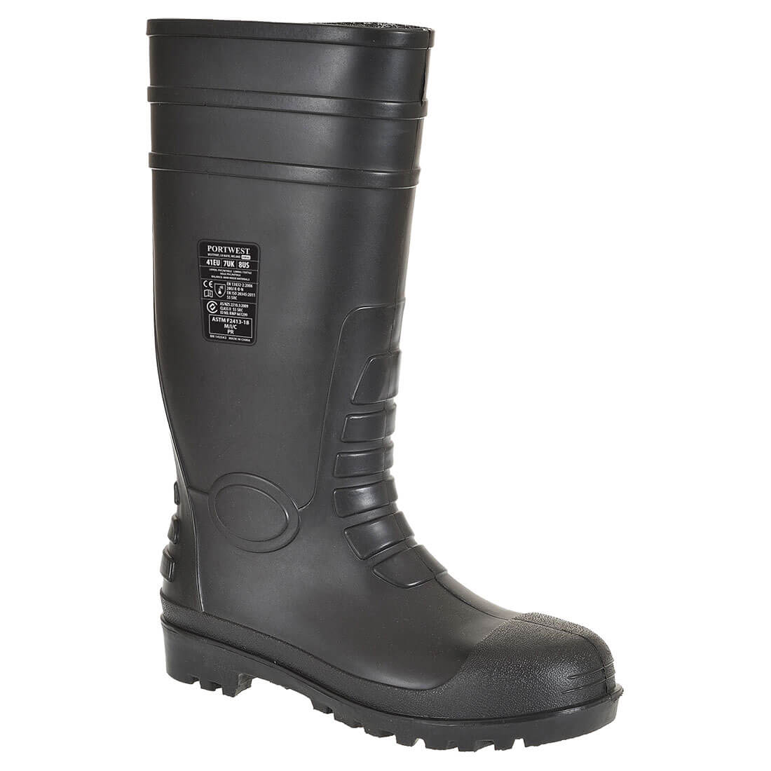 A black safety Wellington boot featuring a sturdy design and textured sole. It includes a logo on the side. Total Safety Gumboot S5 FO - Image 1