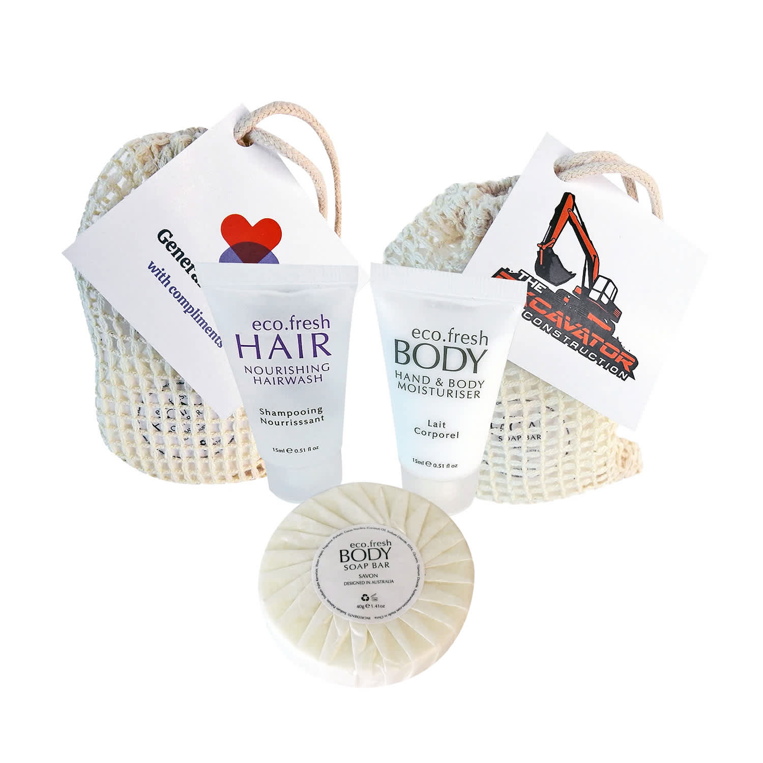 A reusable net bag containing eco-friendly hair shampoo, body moisturiser, and a body soap bar in cream colour. Shower Pack in Reusable Net Bag - Image 1