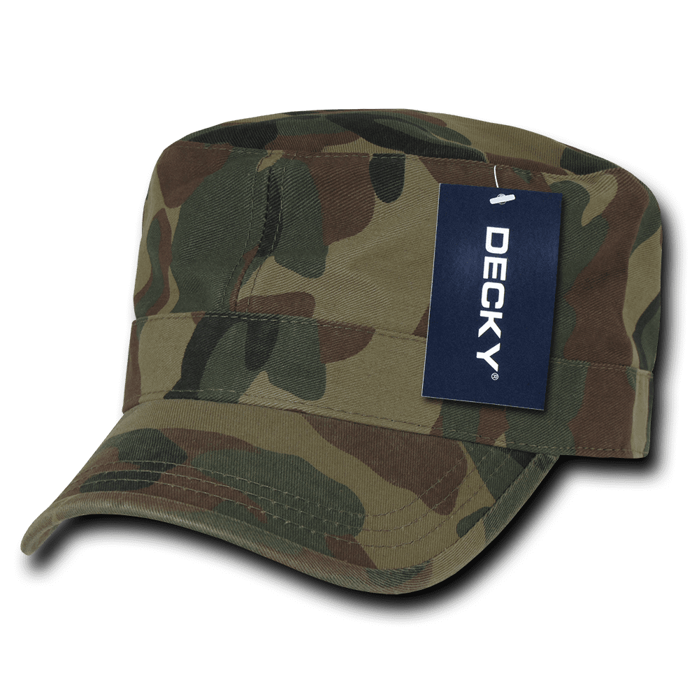 A camo-patterned cap in green and brown, featuring a tag with a logo. Washed G.I.Cap - Image 1