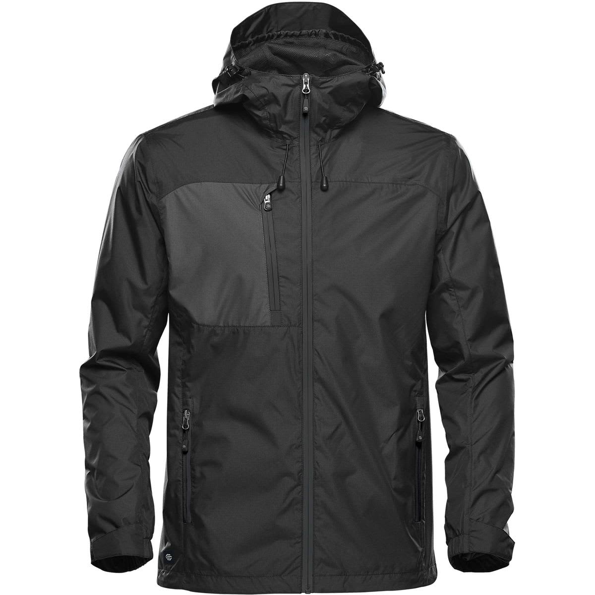 A black men's rain jacket featuring a hood, zipped front pockets, and a logo. Ideal for wet weather conditions. Men's Olympia Shell - Image 1