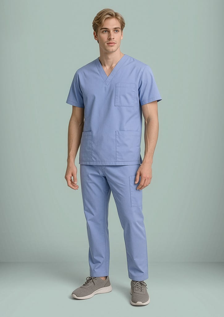 A model wearing light blue scrub cargo pants and a matching scrub top, featuring pockets and a logo. Unisex Classic Scrub Pant - Image 1