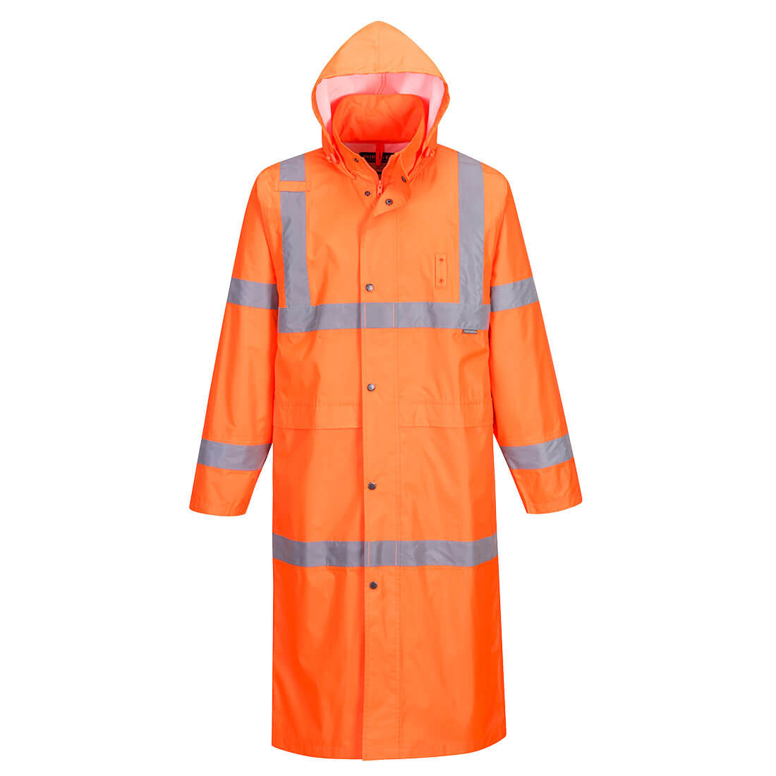 A high-visibility coat in bright orange with reflective strips and a hood, designed for safety wear. Hi-Vis Rain Coat 122cm - Image 1